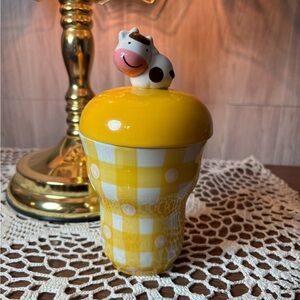 Artbox Friendship Yellow Checkered and Polka Dot Mug with Cow Lid